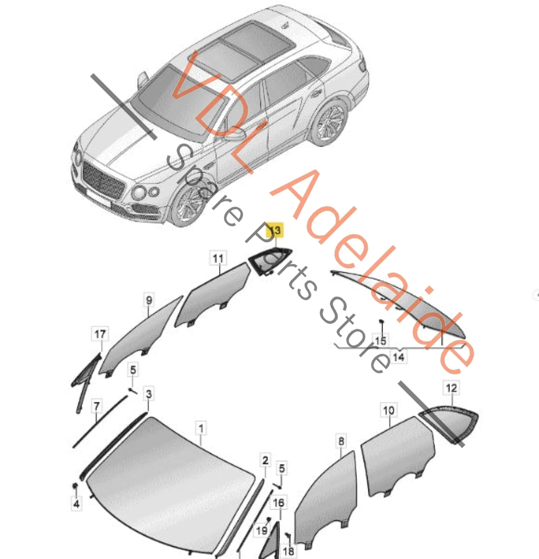 Bentley Bentayga 4V Right Rear Quarter Glass Window 36A845298K 36A845298AJ w Chrome Trim - Image 3