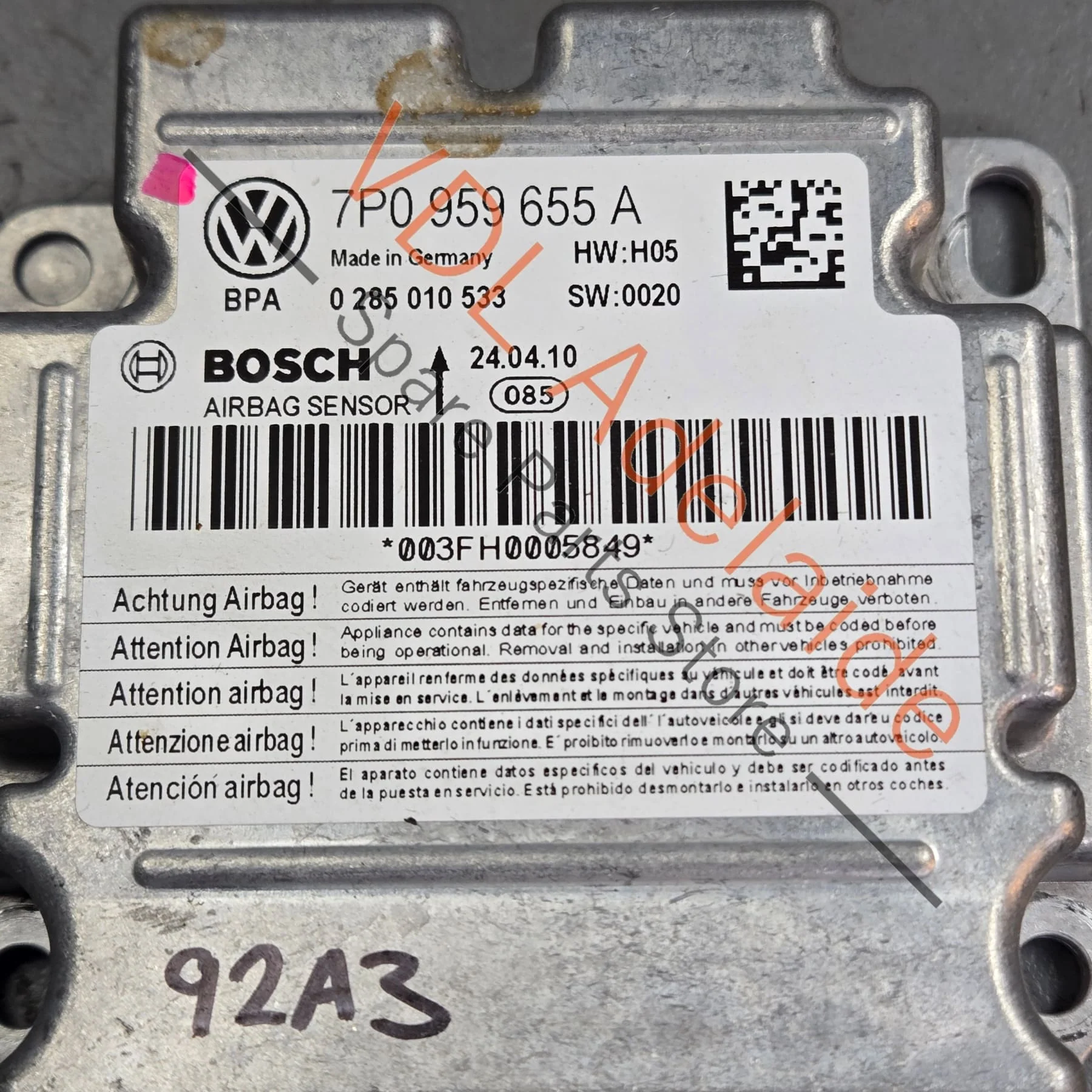 Porsche Cayenne 958 92A Airbag Control Module 95861820103 7P0959655A - Image 2