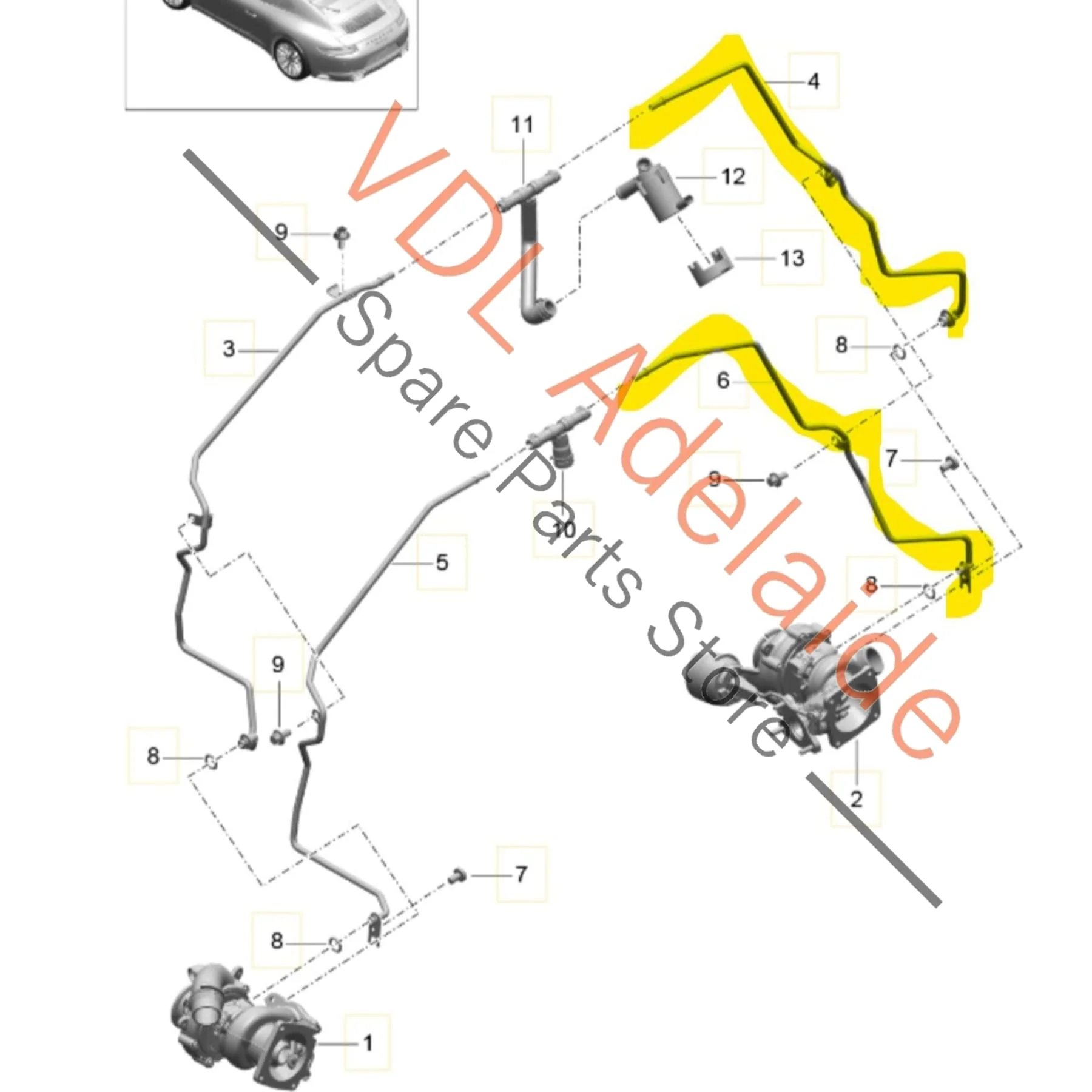 Porsche 911 Turbocharger Coolant Feed and Return Hose Pipe RHS 9A210608400 9A210608200 - Image 2