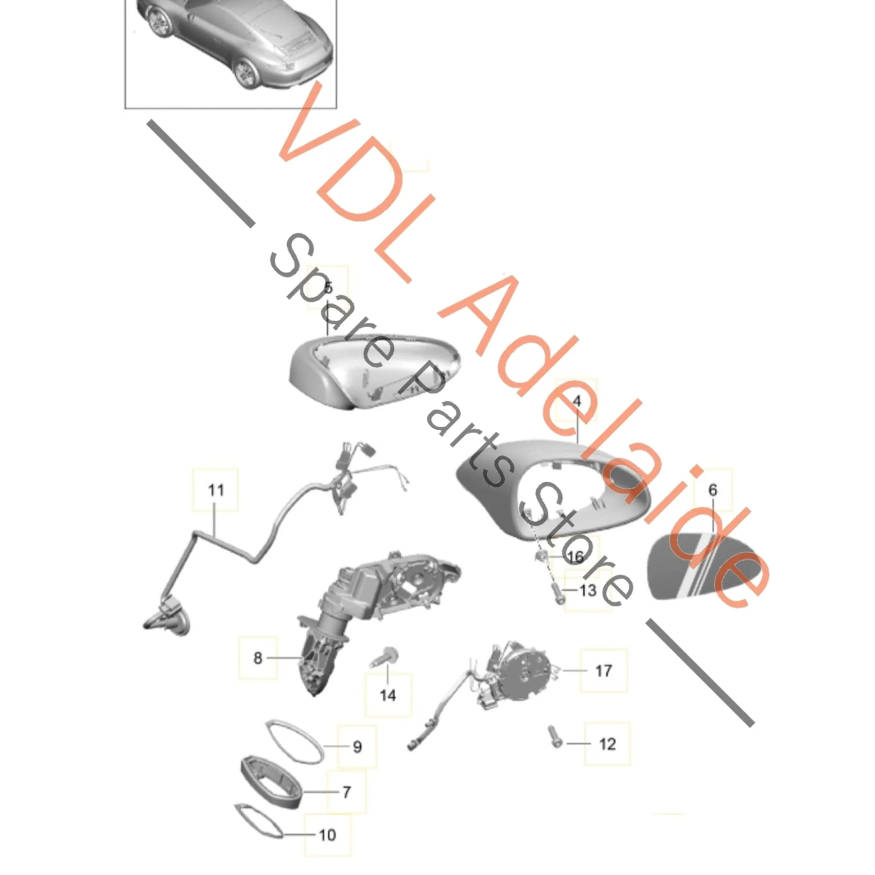 Porsche 911 Left Side Exterior Mirror Rear View Complete for RHD models 99173103702 99173171904 99173121911 - Image 2