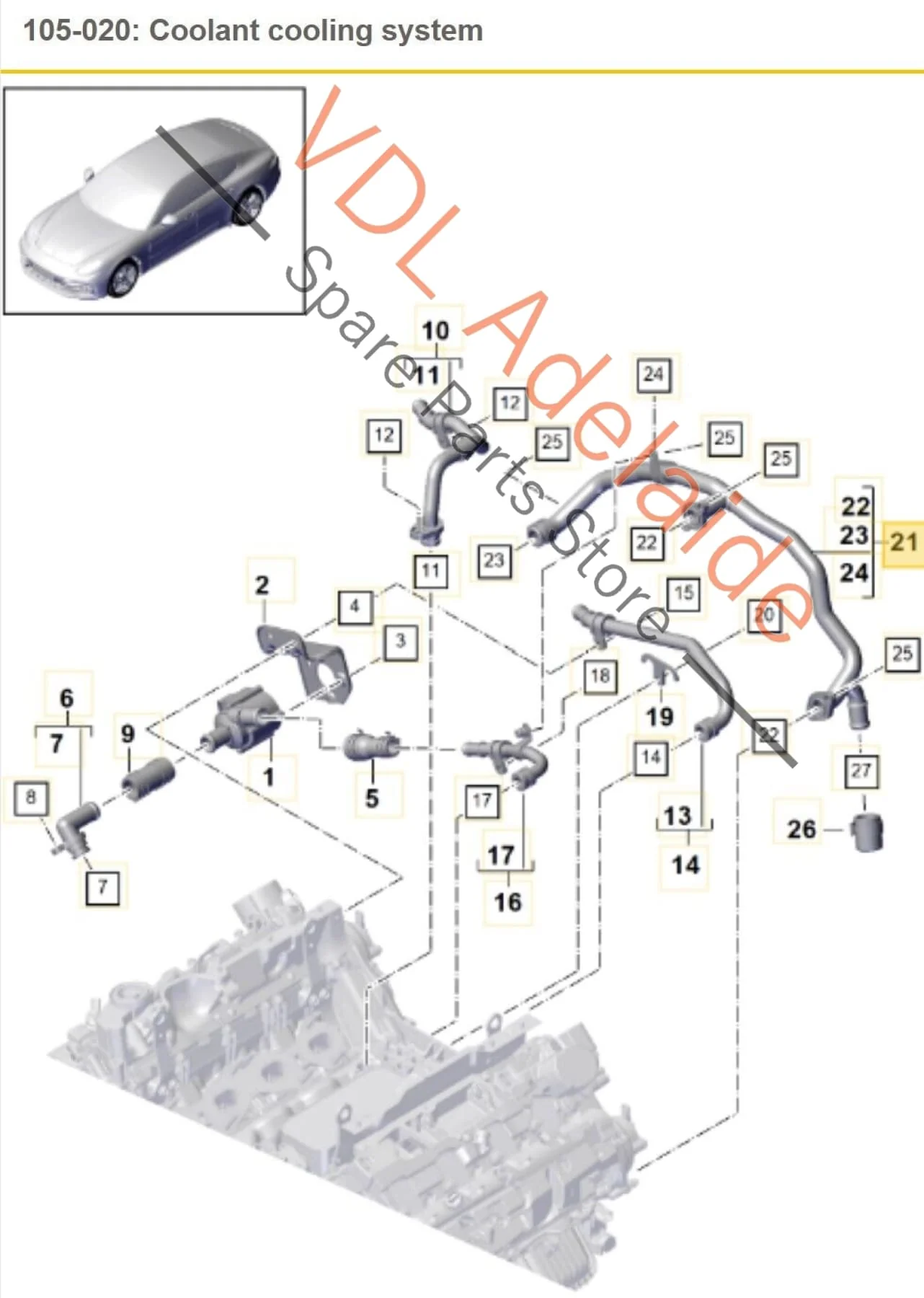Porsche Panamera Turbo 971 Coolant Hose Back of Engine
