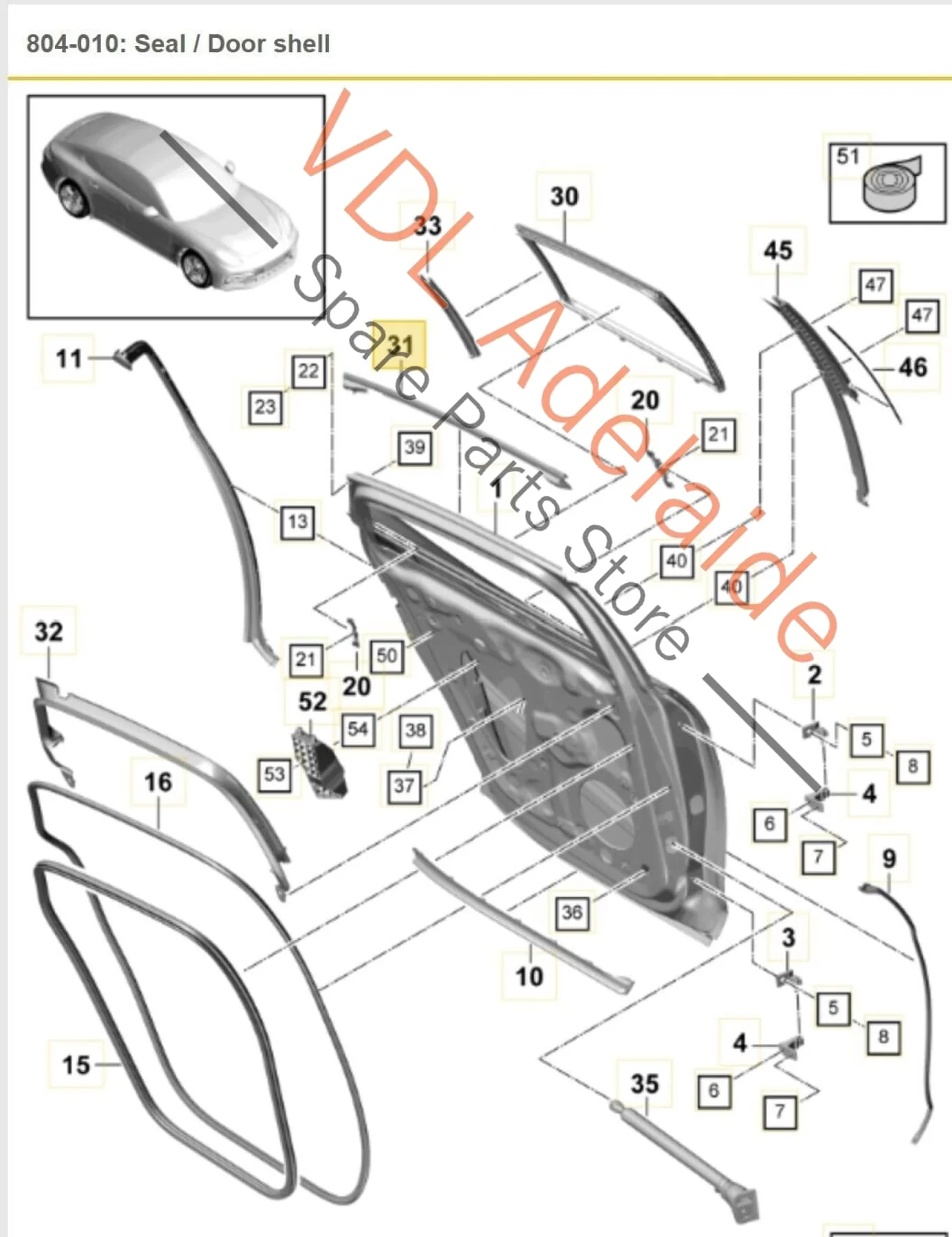 Porsche Panamera 971 Rear Left Door Upper Exterior Seal with Gloss Black Trim
