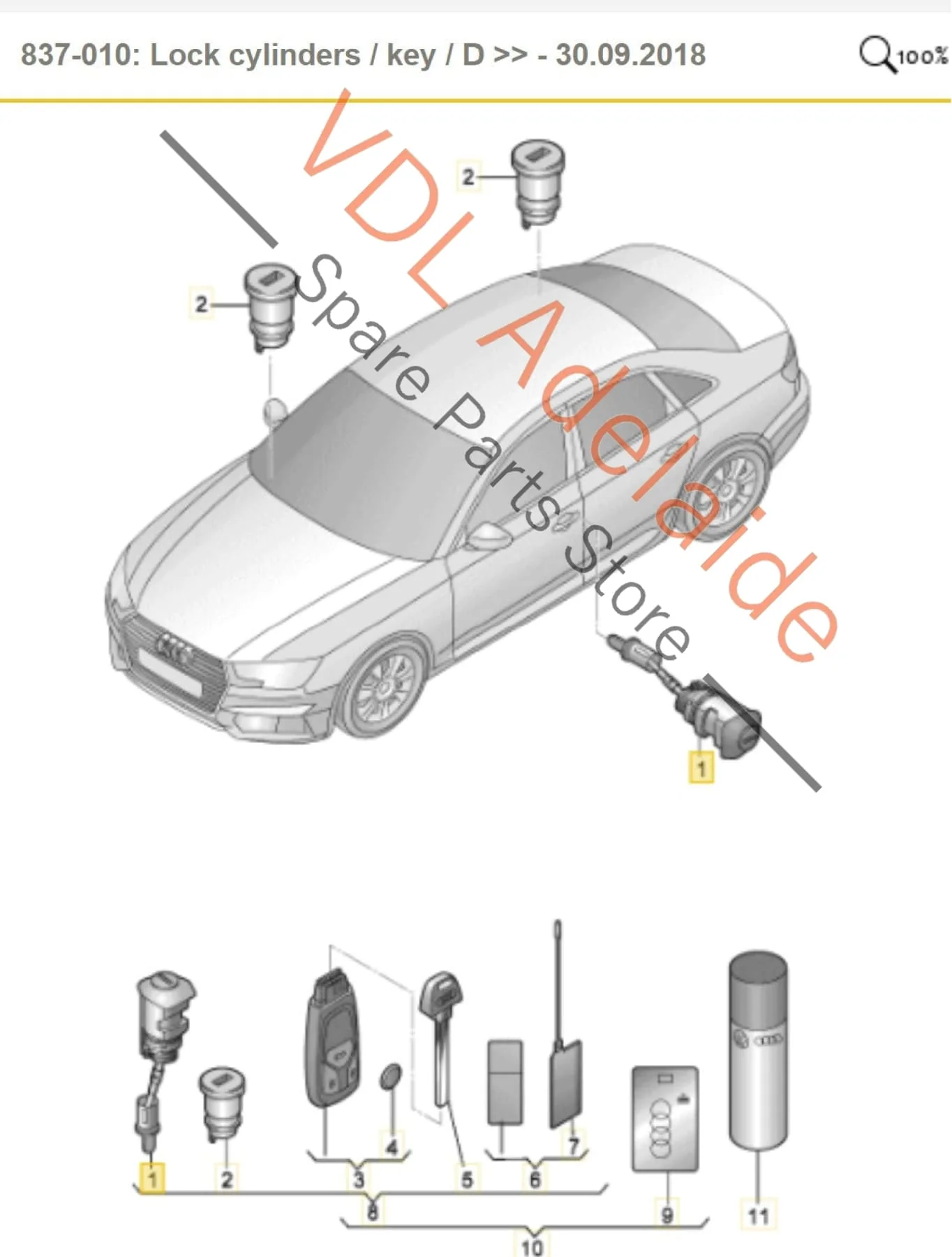Audi A4 B9 Drivers Door Lock with Blade Key 107837168DS - Image 2