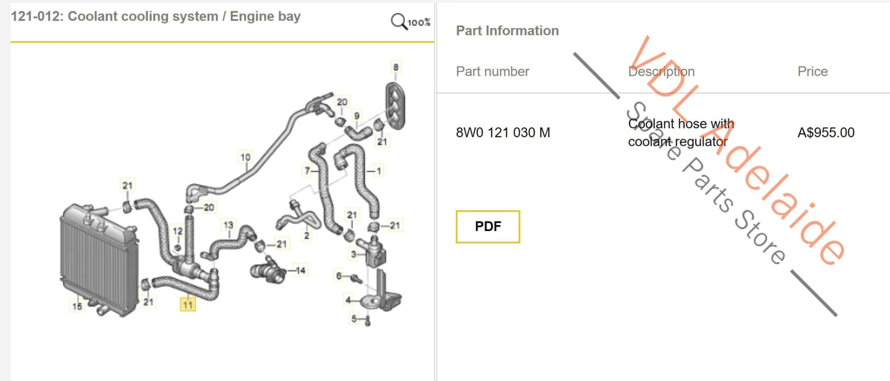 Audi RS5 F5 B9 Additional Radiator Coolant Hose Pipe with Shut off Valve Regulator 8W0121030M - Image 2