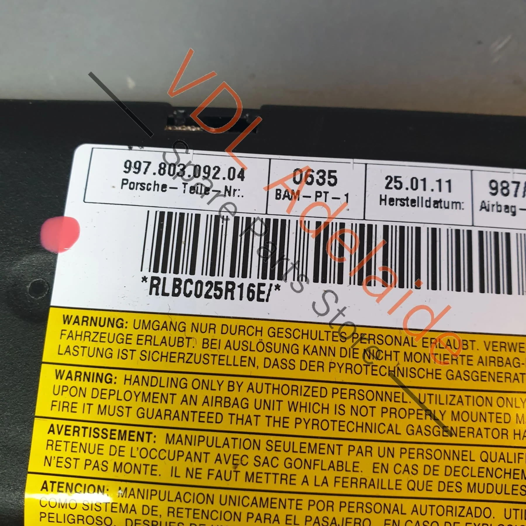 Porsche Cayman R 987 Right Side Head Airbag Unit 99780309204 - Image 3